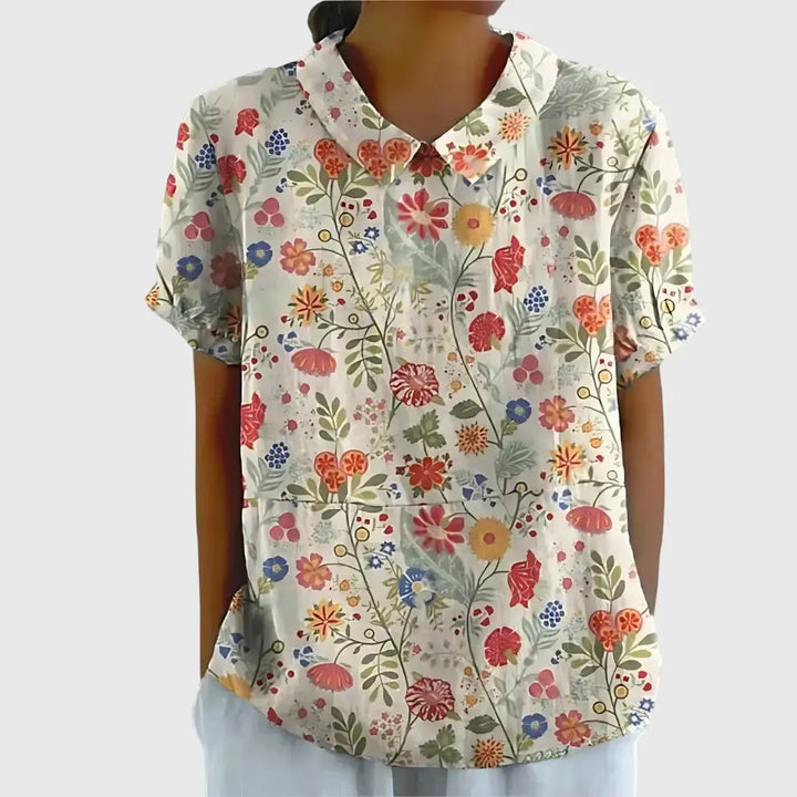 Florence | Women’s Floral Short Sleeve Collared Blouse Luvy Boutique