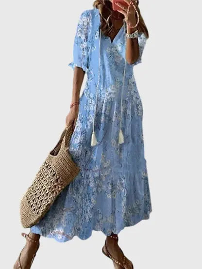 Ella | Women Printed Tassel V Neck Maxi Dress Luvy Boutique