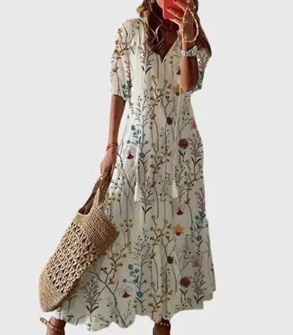 Ella | Women Printed Tassel V Neck Maxi Dress Luvy Boutique