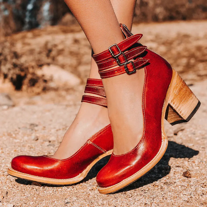 Brooklyn | Women's Strap Buckle Cutout Block Heel Shoes Luvy Boutique