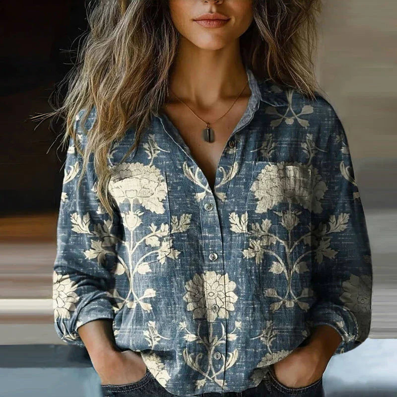 Blair | Women’s Vintage Print Button-Up Long Sleeve Blouse Luvy Boutique