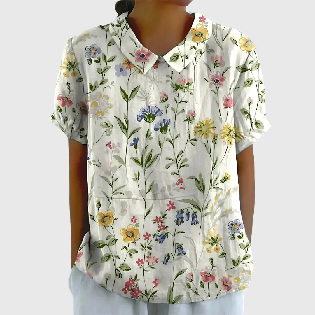 Florence | Women’s Floral Short Sleeve Collared Blouse Luvy Boutique