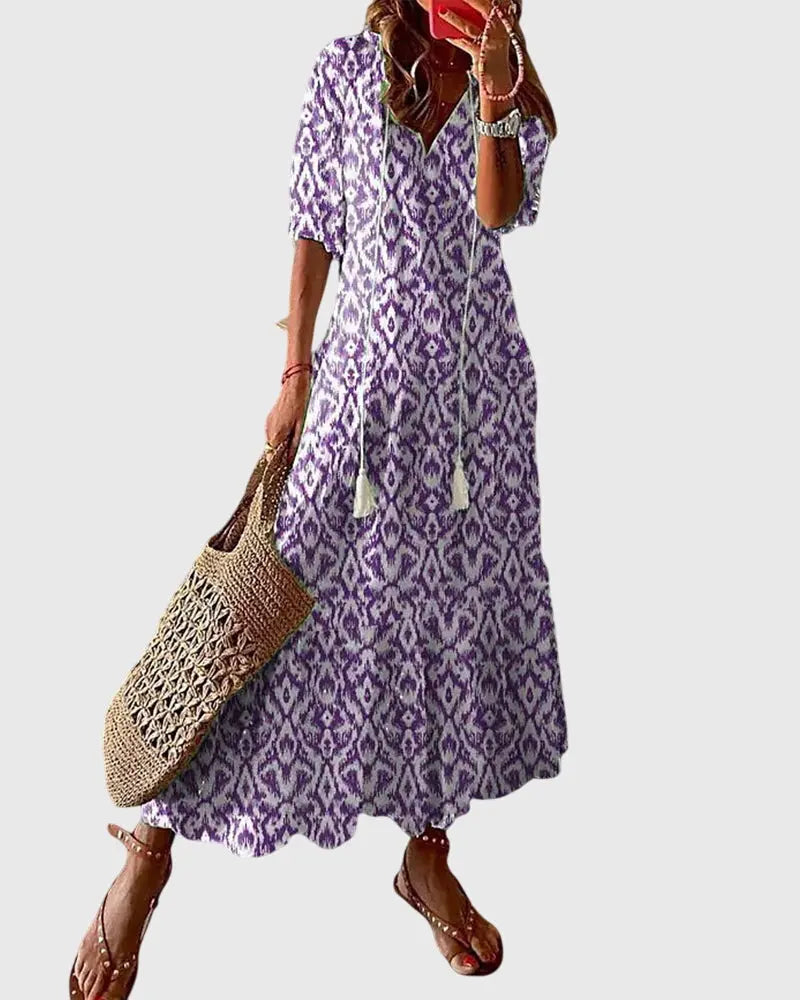 Ella | Women Printed Tassel V Neck Maxi Dress Luvy Boutique