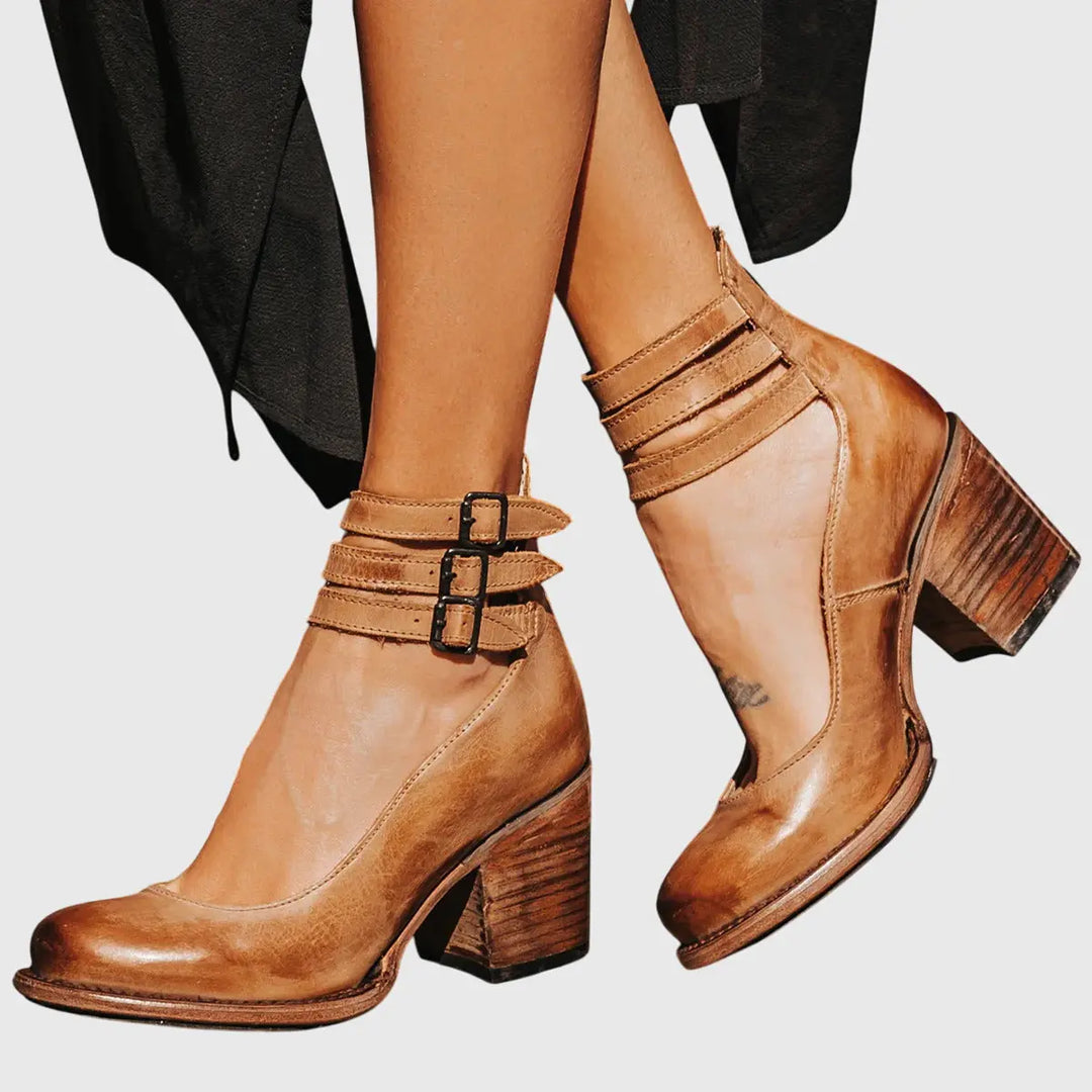 Amelia | Women’s Buckle Strap Block Heel Boots Luvy Boutique
