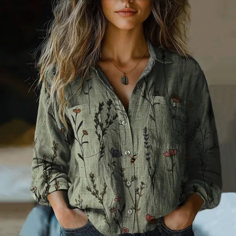Blair | Women’s Vintage Print Button-Up Long Sleeve Blouse Luvy Boutique