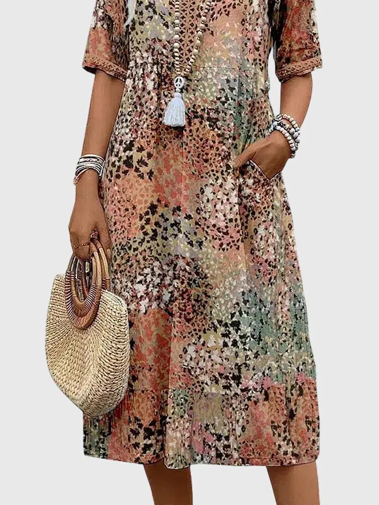 Bella | Womens Printed V Neck Midi Dress Luvy Boutique