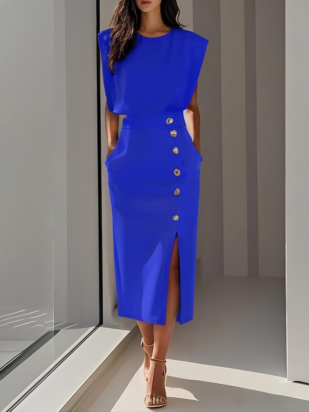 Caroline | Women’s Elegant Button Detail Midi Dress Luvy Boutique