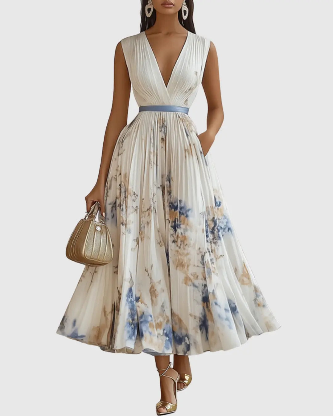Fiona | Women Floral Pleated V Neck Maxi Dress Luvy Boutique