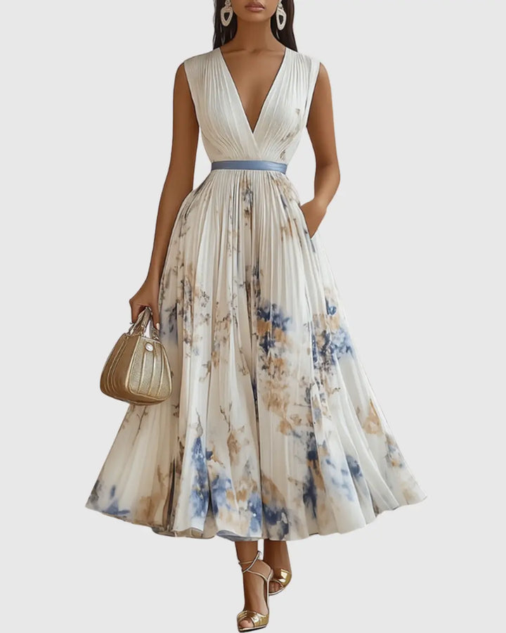 Fiona | Women Floral Pleated V Neck Maxi Dress Luvy Boutique