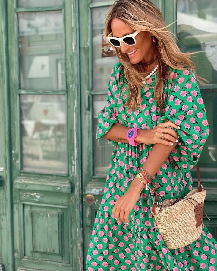 Ruby | Women’s Printed V-Neck Flowy Maxi Dress Luvy Boutique
