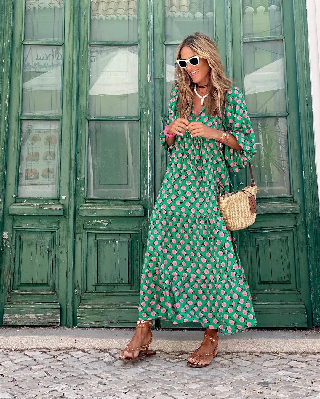 Ruby | Women’s Printed V-Neck Flowy Maxi Dress Luvy Boutique