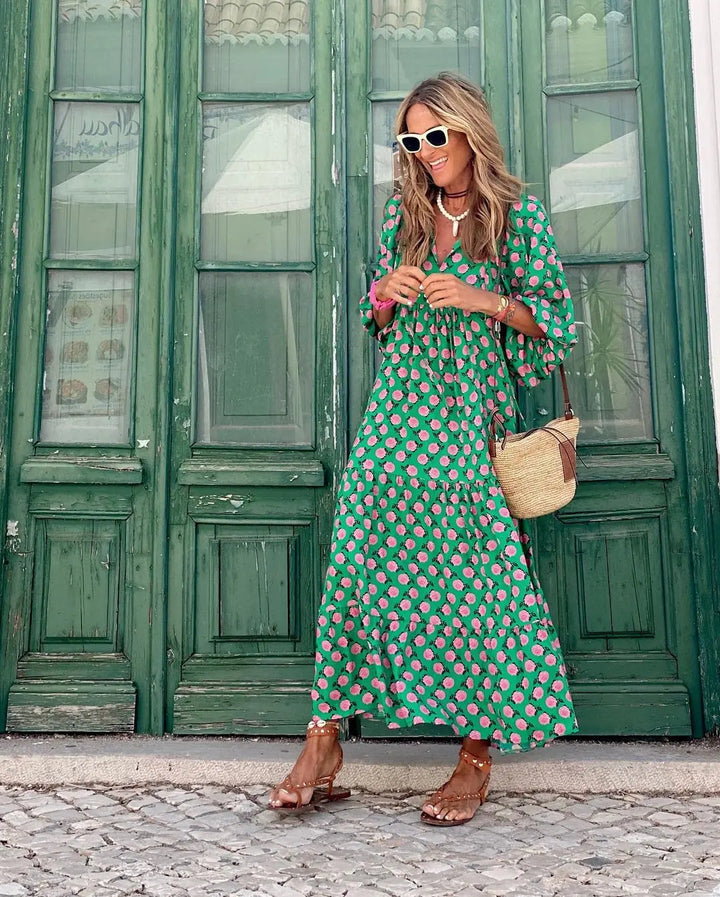 Ruby | Women’s Printed V-Neck Flowy Maxi Dress Luvy Boutique