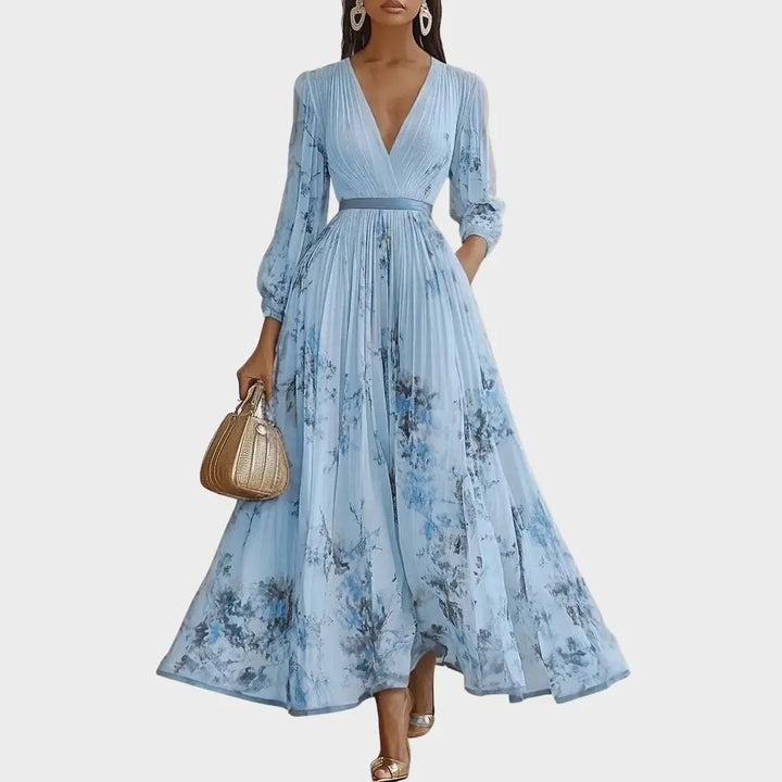 Fiona | Women Floral Pleated V Neck Maxi Dress Luvy Boutique