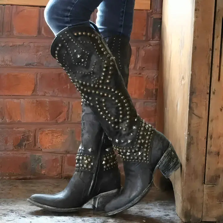 Audrey | Womens Knee High Studded Block Heel Boots Luvy Boutique