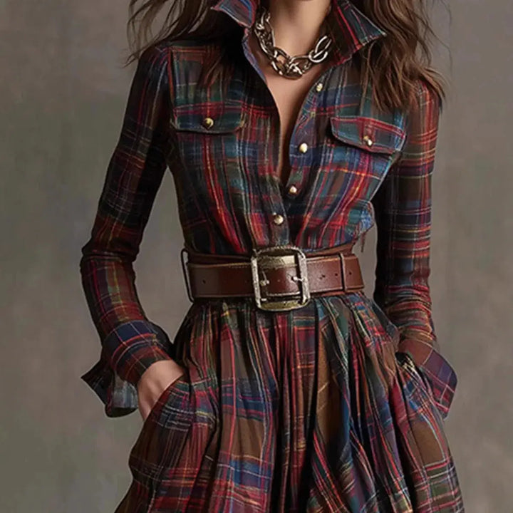 Claire | Women’s Plaid Belted Long Sleeve Maxi Dress Luvy Boutique
