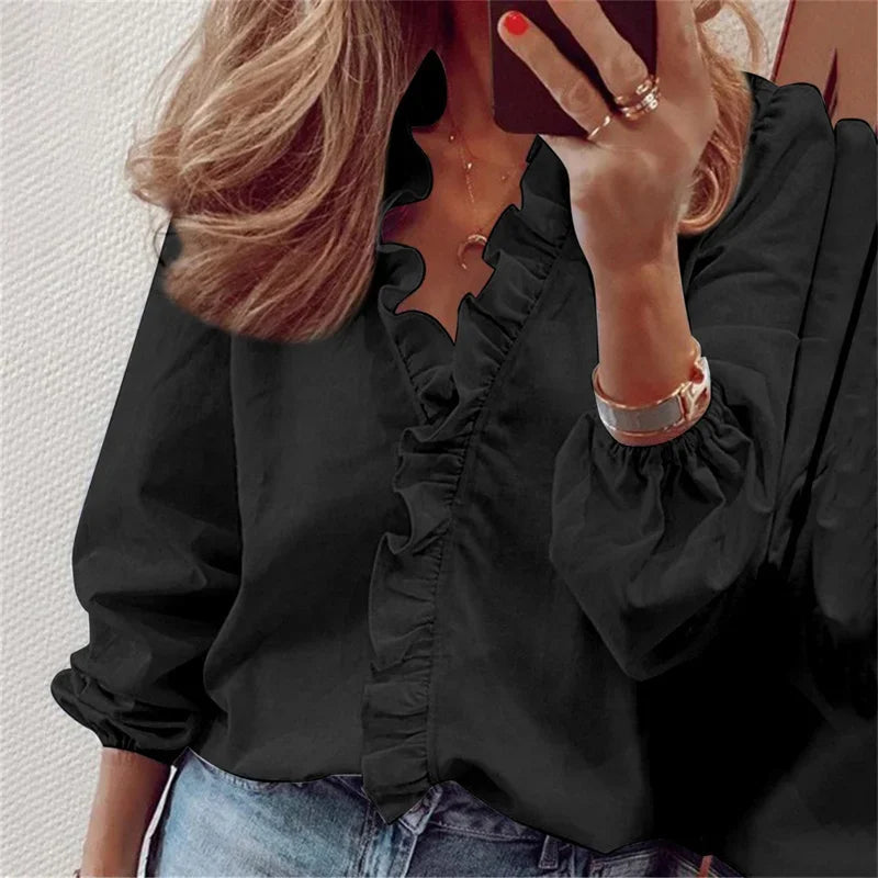 Amelia | Women’s Ruffle V Neck Long Sleeve Top Luvy Boutique