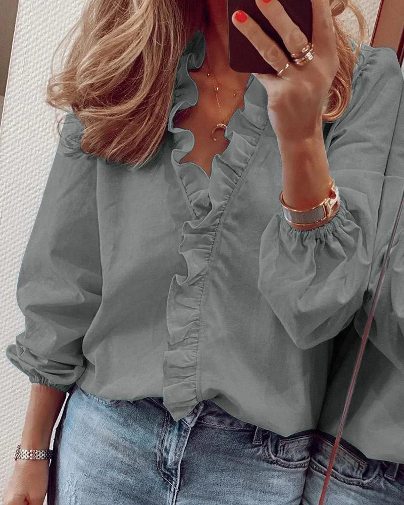 Amelia | Women’s Ruffle V Neck Long Sleeve Top Luvy Boutique