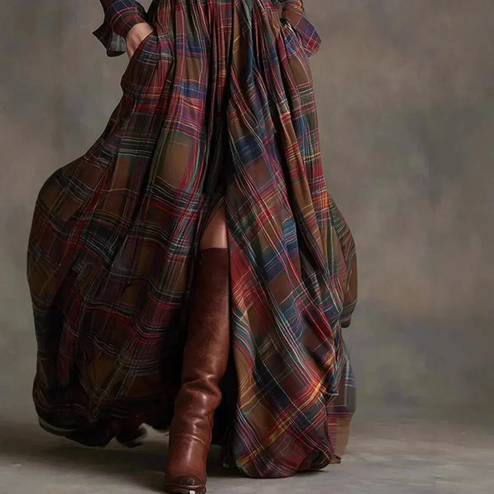 Claire | Women’s Plaid Belted Long Sleeve Maxi Dress Luvy Boutique