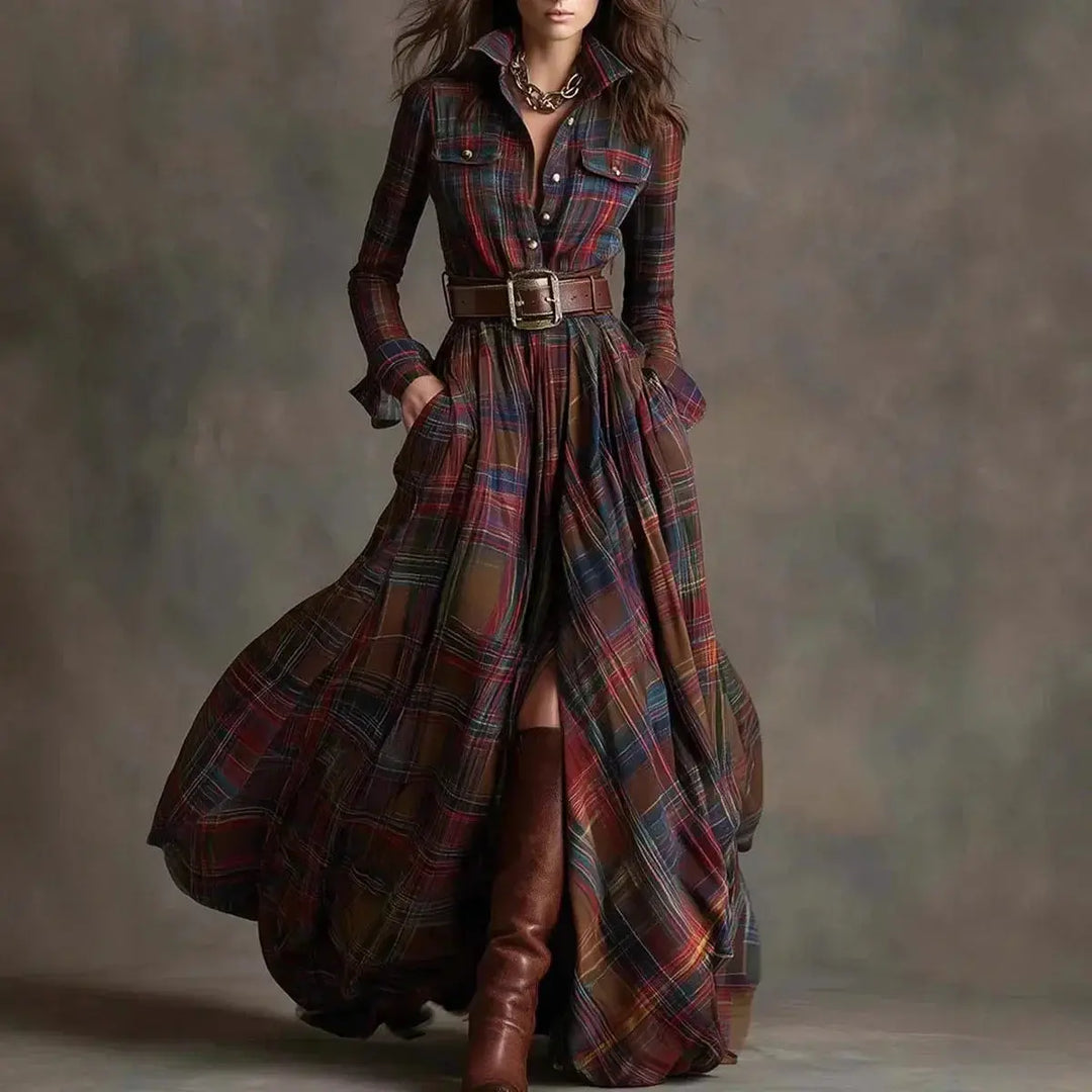 Claire | Women’s Plaid Belted Long Sleeve Maxi Dress Luvy Boutique