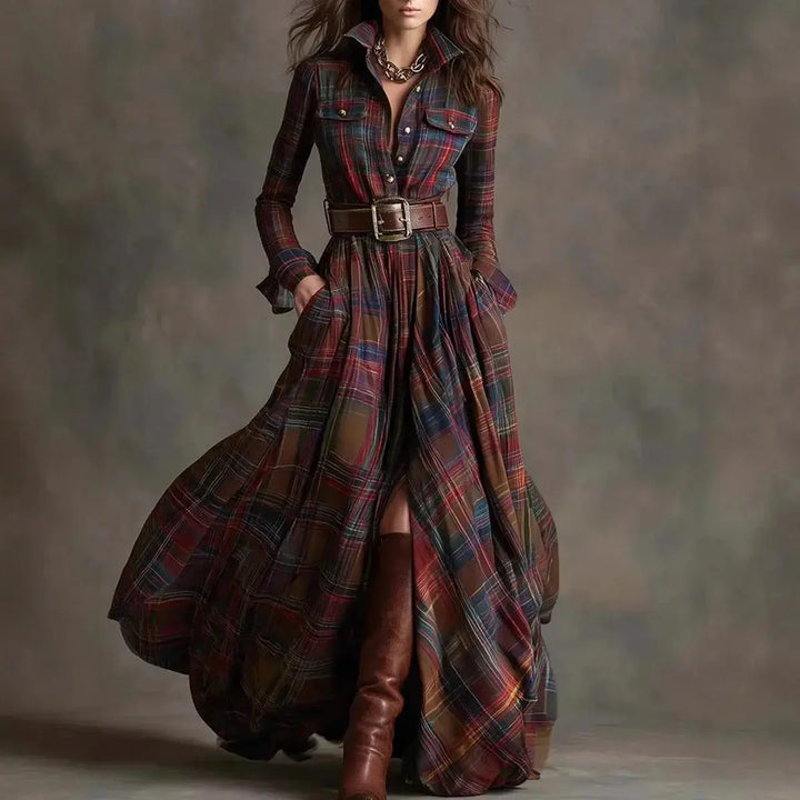 Claire | Women’s Plaid Belted Long Sleeve Maxi Dress Luvy Boutique
