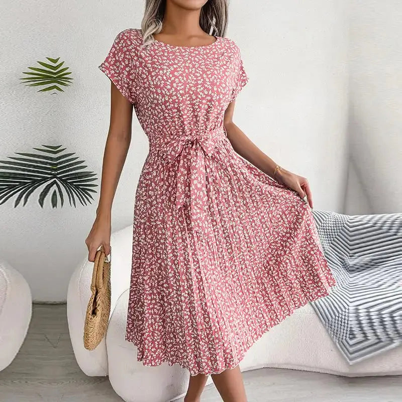 Isabelle | Pleated Floral Dress with Tie Luvy Boutique