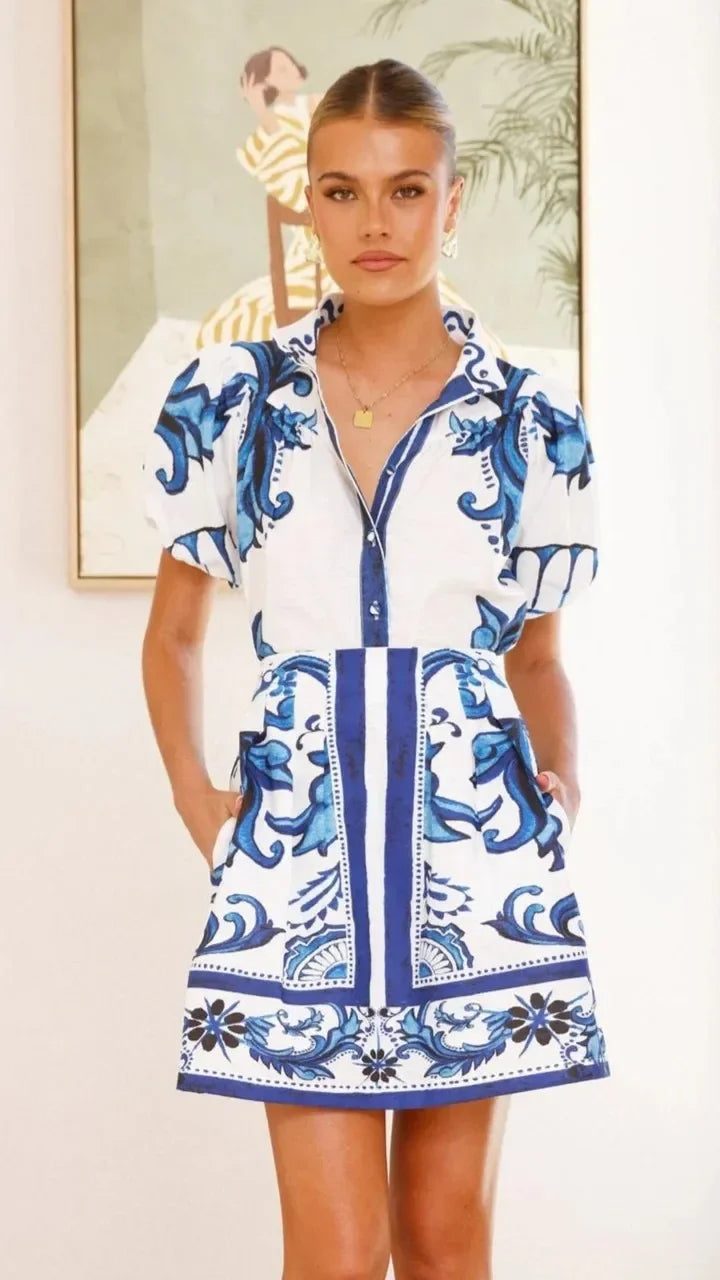 Evelyn | Women's Printed Puff Sleeve Mini Dress Luvy Boutique