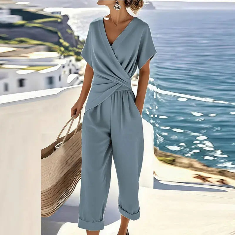 Brooklyn | Women's V Neck Short Sleeve Wide Leg Jumpsuit Luvy Boutique