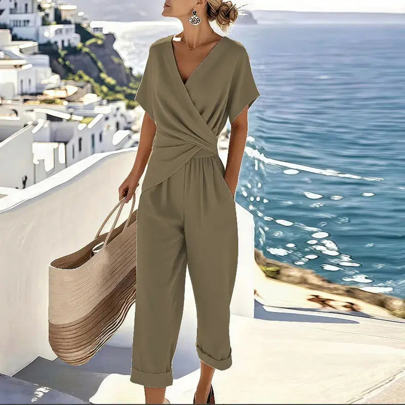 Brooklyn | Women's V Neck Short Sleeve Wide Leg Jumpsuit Luvy Boutique