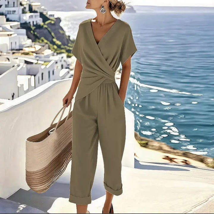 Brooklyn | Women's V Neck Short Sleeve Wide Leg Jumpsuit Luvy Boutique