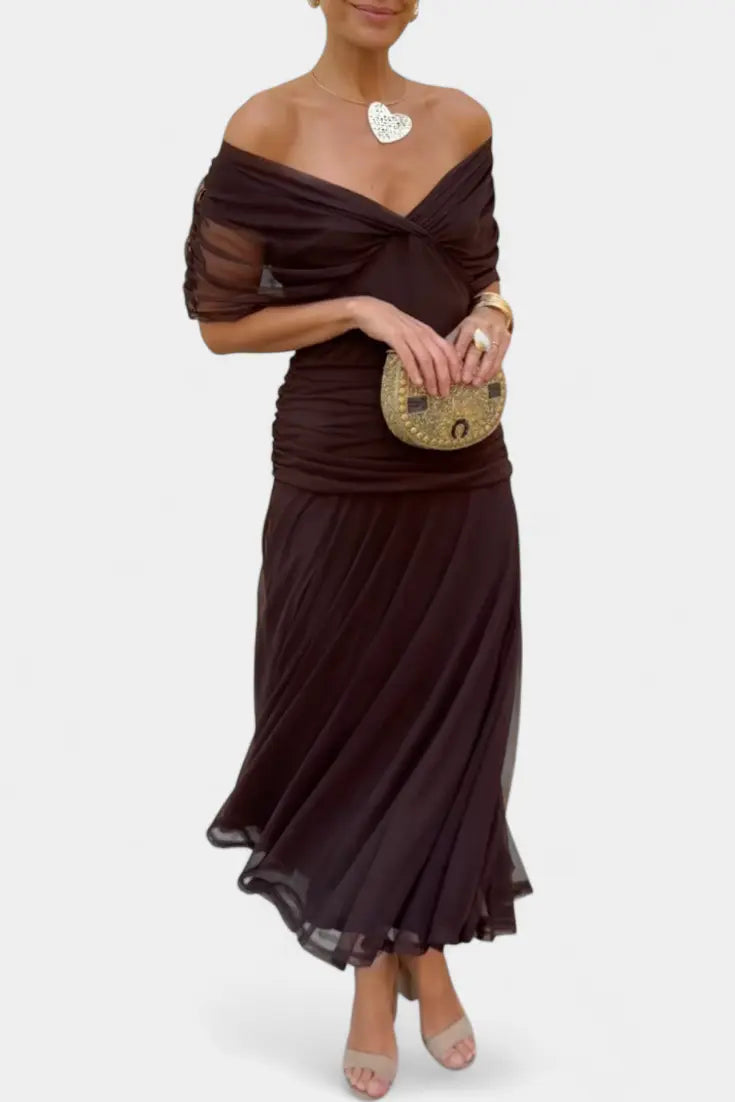 Ava | Women’s Off Shoulder Ruched Midi Dress Luvy Boutique