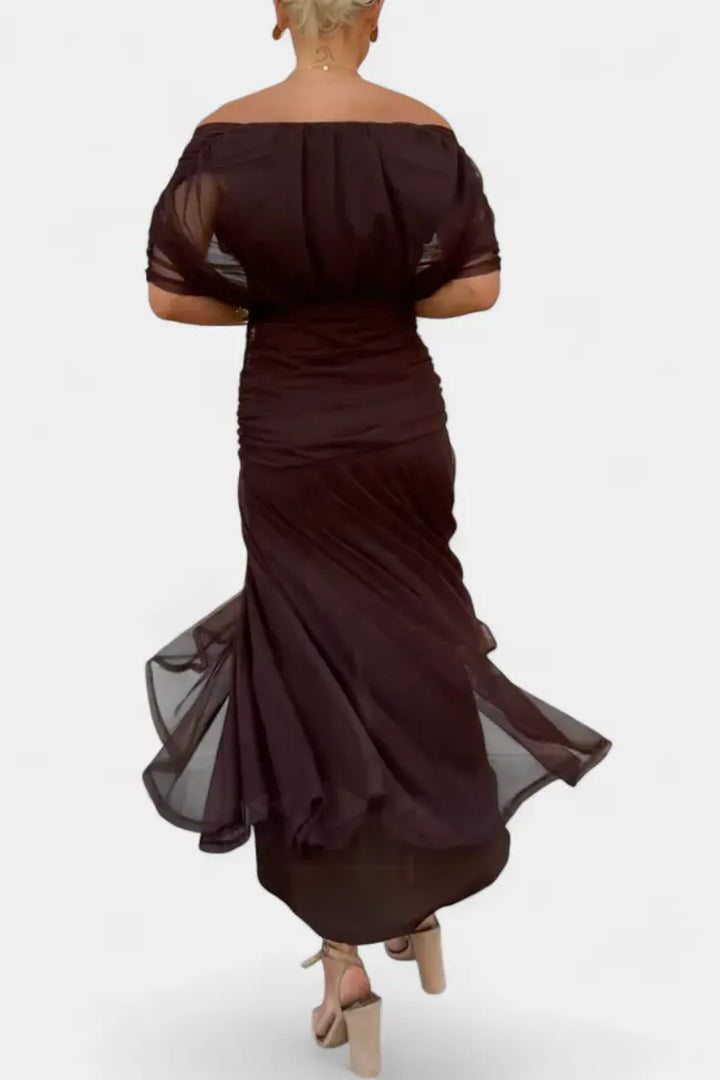Ava | Women’s Off Shoulder Ruched Midi Dress Luvy Boutique