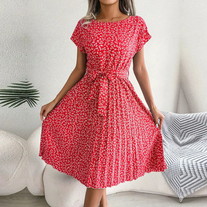 Isabelle | Pleated Floral Dress with Tie Luvy Boutique