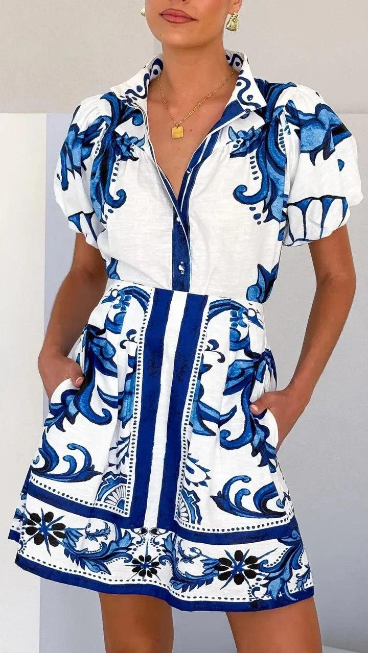 Evelyn | Women's Printed Puff Sleeve Mini Dress Luvy Boutique