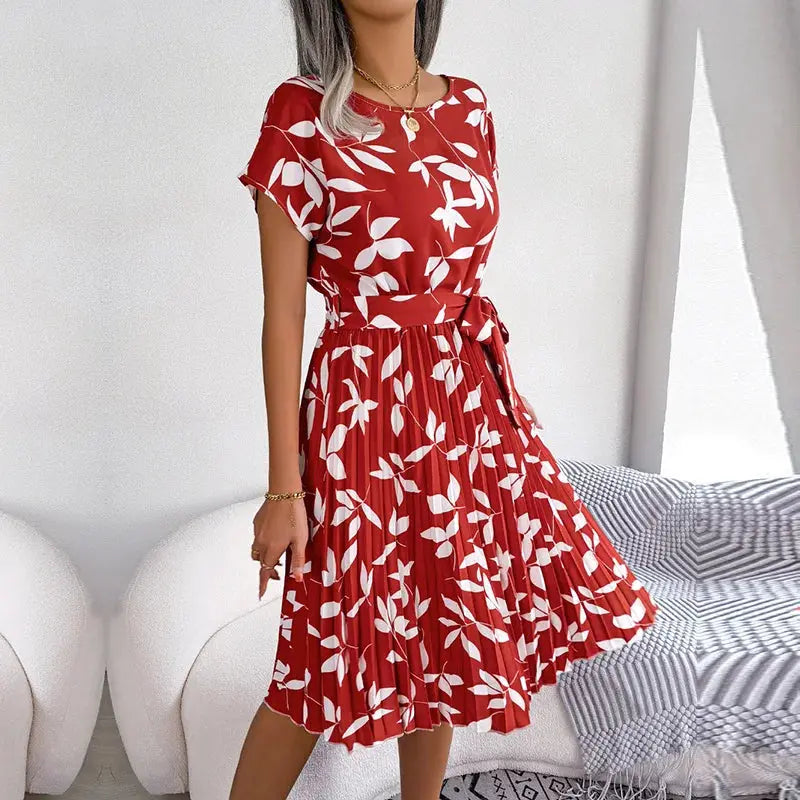 Isabelle | Pleated Floral Dress with Tie Luvy Boutique