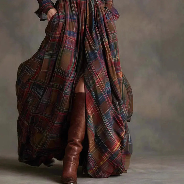 Claire | Women’s Plaid Belted Long Sleeve Maxi Dress Luvy Boutique