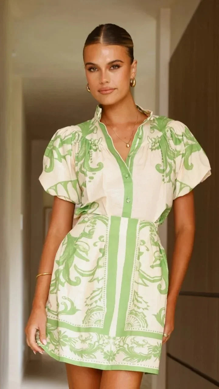 Evelyn | Women's Printed Puff Sleeve Mini Dress Luvy Boutique