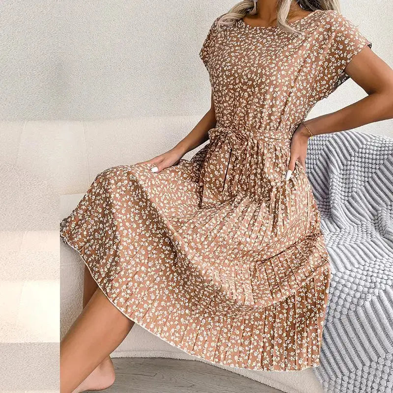 Isabelle | Pleated Floral Dress with Tie Luvy Boutique