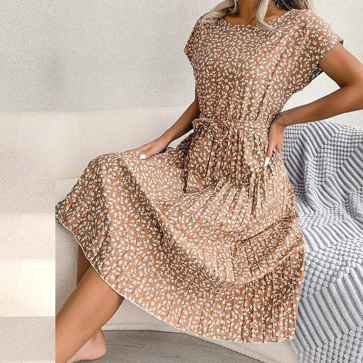 Isabelle | Pleated Floral Dress with Tie Luvy Boutique