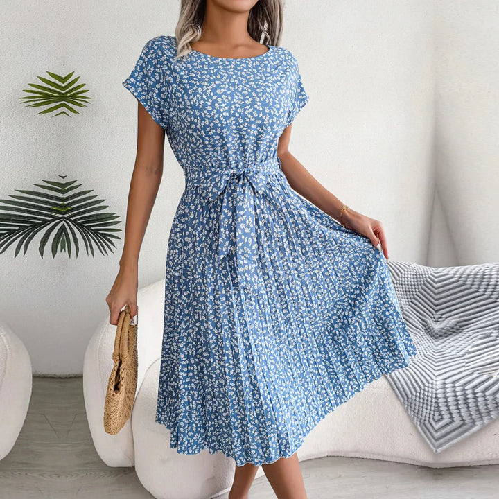Isabelle | Pleated Floral Dress with Tie Luvy Boutique