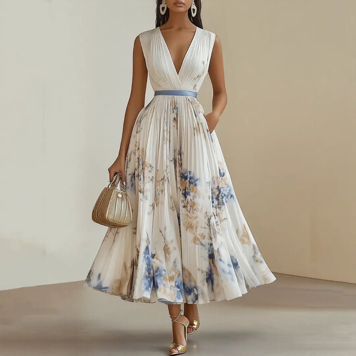 Madison | Women’s Elegant Floral V-Neck Pleated Midi Dress Luvy Boutique