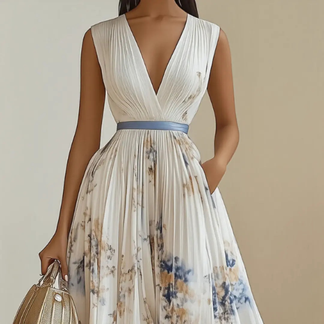 Madison | Women’s Elegant Floral V-Neck Pleated Midi Dress Luvy Boutique