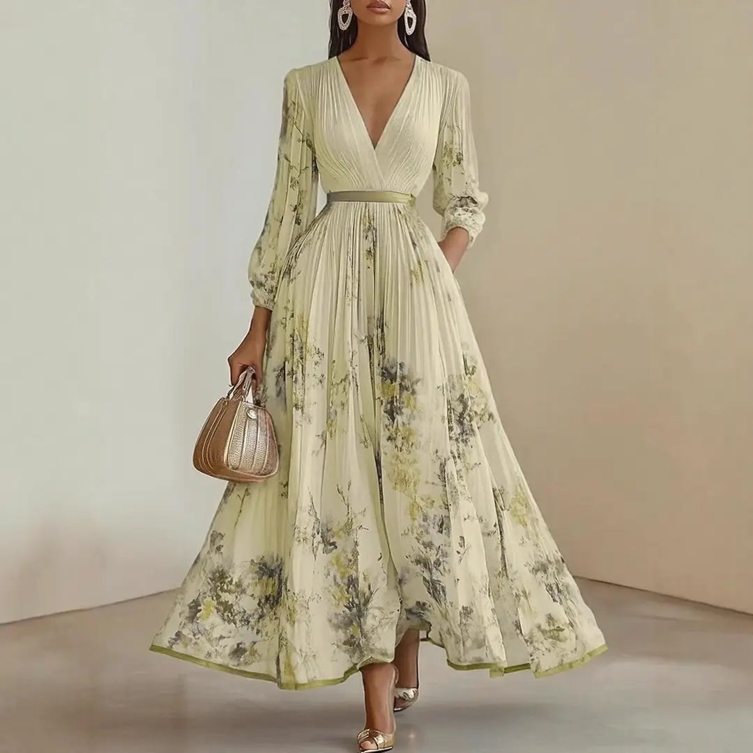 Madison | Women’s Elegant Floral V-Neck Pleated Midi Dress Luvy Boutique