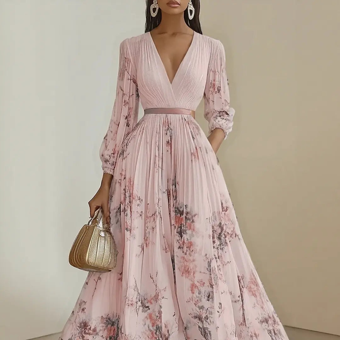 Madison | Women’s Elegant Floral V-Neck Pleated Midi Dress Luvy Boutique