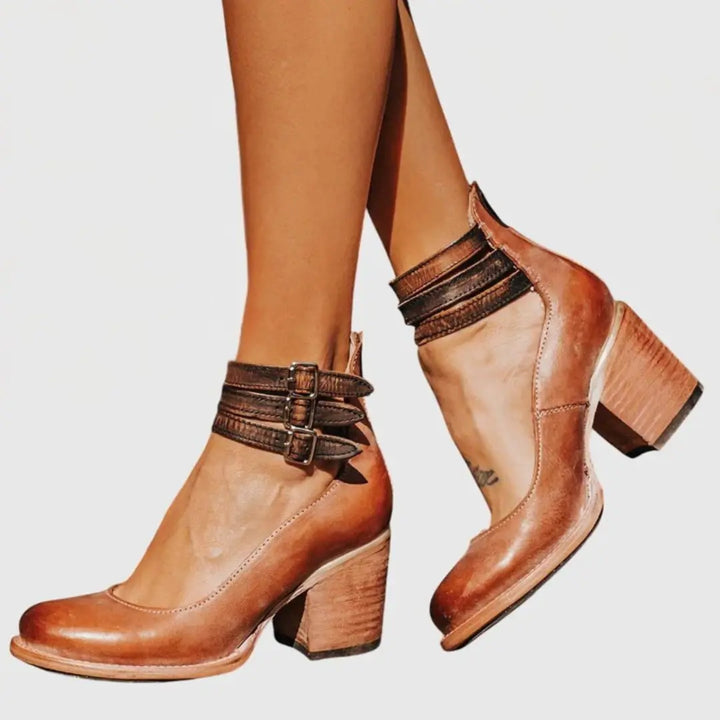 Bella | Womens Buckle Strap Block Heel Boots Luvy Boutique