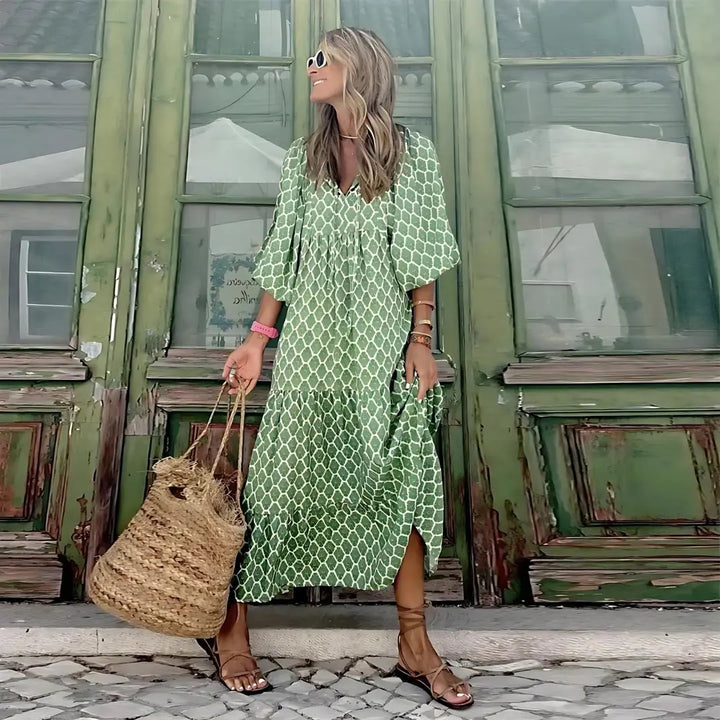 Ruby | Women’s Printed V-Neck Flowy Maxi Dress Luvy Boutique