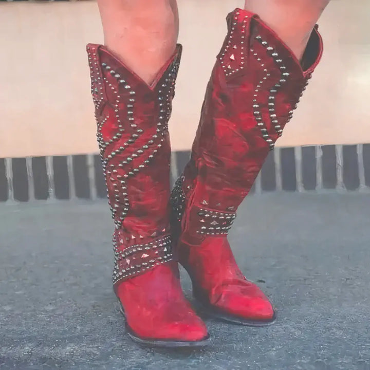 Audrey | Womens Knee High Studded Block Heel Boots Luvy Boutique