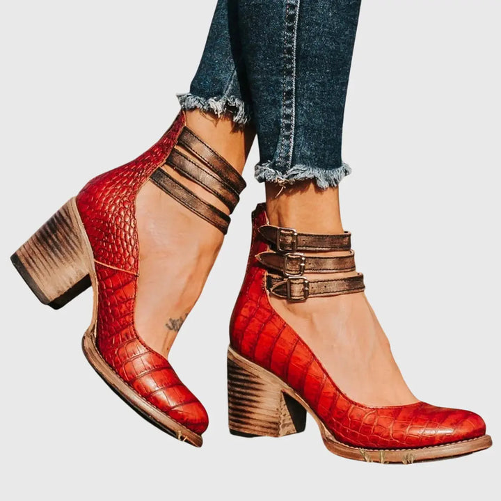Amelia | Women’s Buckle Strap Block Heel Boots Luvy Boutique