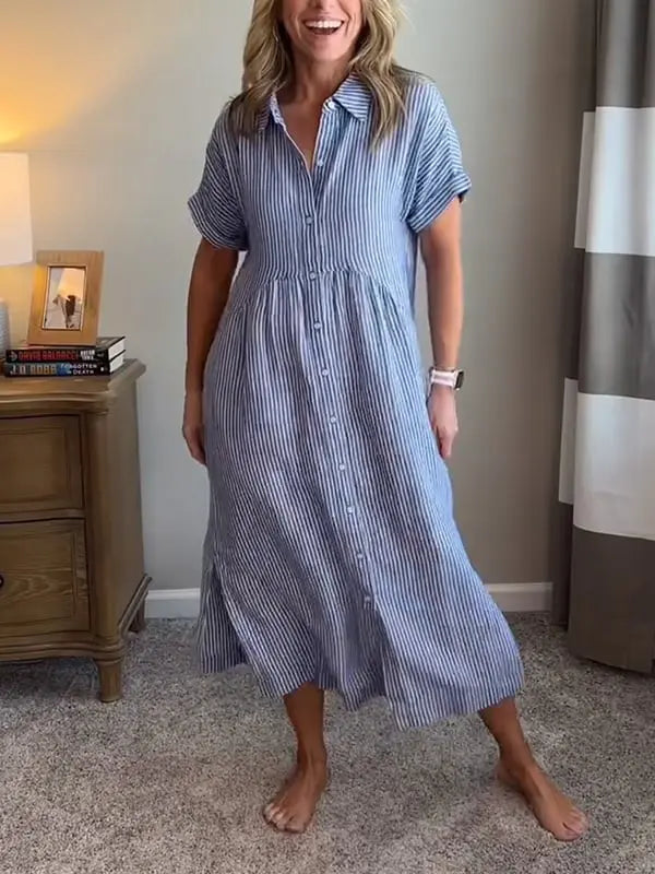 Victoria | Women’s Striped Button Front Midi Shirt Dress Luvy Boutique