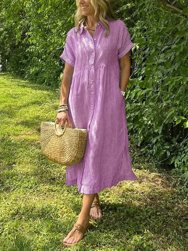 Victoria | Women’s Striped Button Front Midi Shirt Dress Luvy Boutique