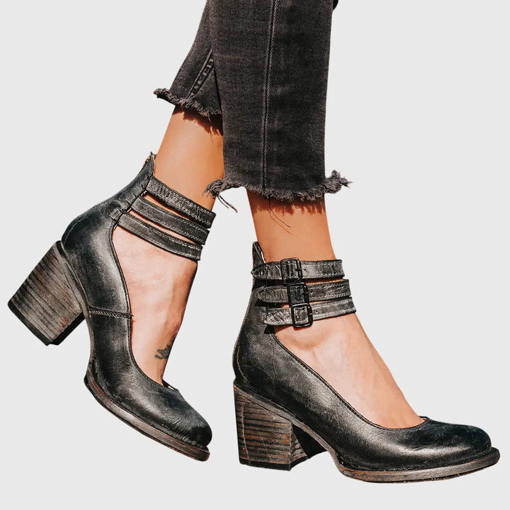 Bella | Womens Buckle Strap Block Heel Boots Luvy Boutique